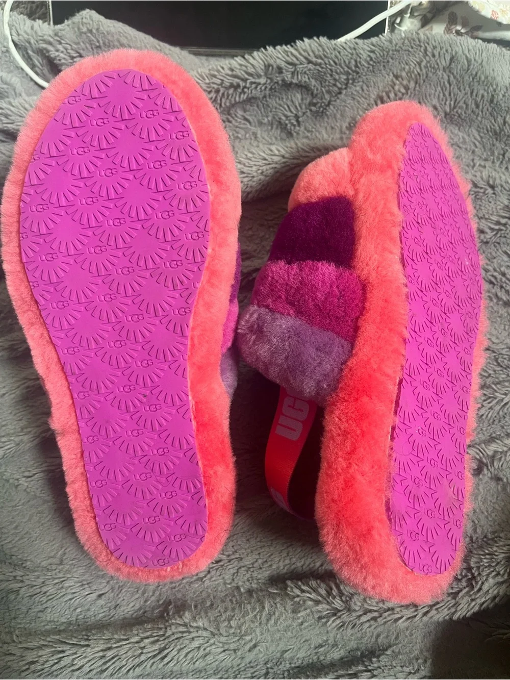 UGG Kids Pink Purple Coral Fluffy Slide Sandals